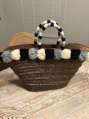Kayu St. Tropez Pom Pom Tote Woven Straw Bag with Black, Cream & Gray Pom Trim